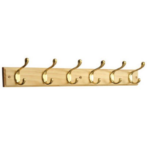 6 Hook Heavy Duty Coat and Hat Hook Rail, Pine/Brass Plated, Packaging May Vary